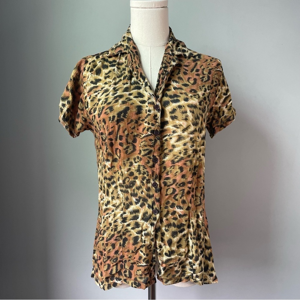 Vintage Cotton Zone Leopard Print Button Down Blouse (S)